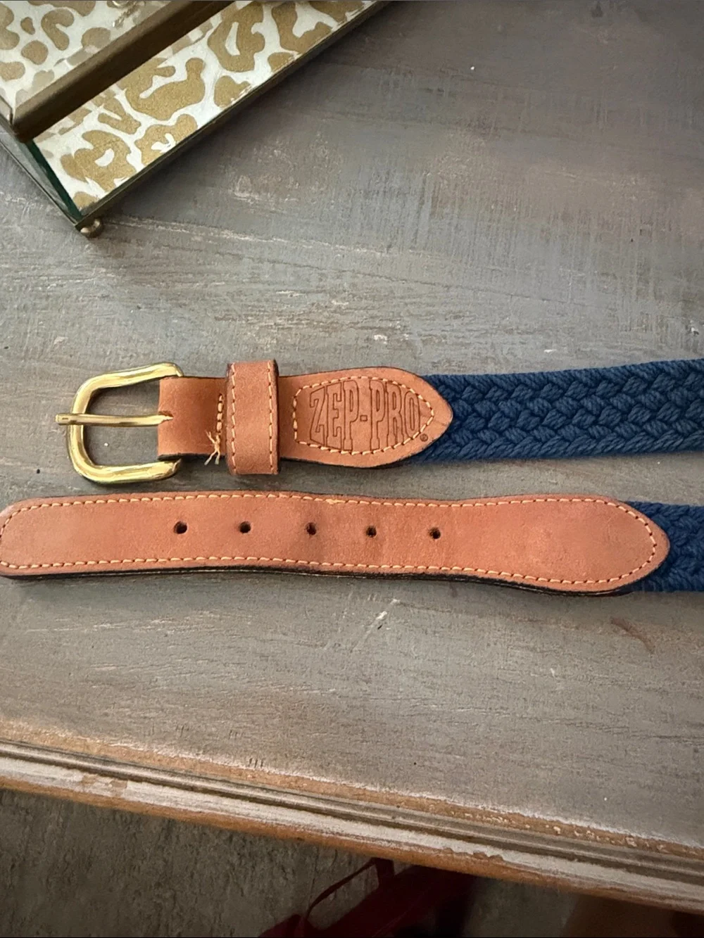 Zep-Pro Navy Woven Belt with Tan Leather Trim and Brass Buckle